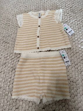 NWTBaby B’gosh Kids Striped Knit Button Front Top & Shorts Set - Cream & Tan 18M